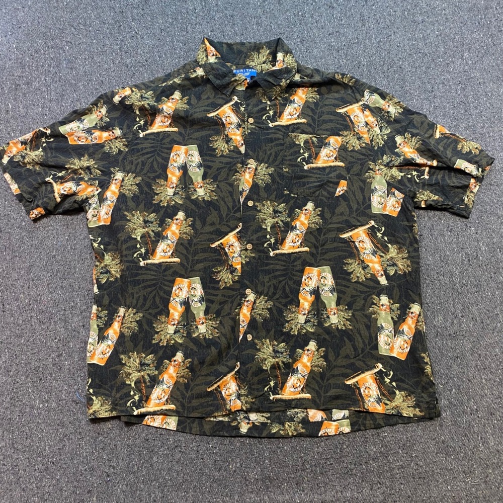 Puritan Beer Cigar Palm Tree Novelty Print Shirt Sz 2XL Mens Green Tropical Camp
